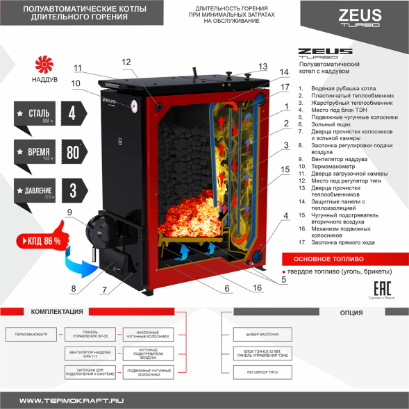 Котел на угле полуавтомат ZEUS Turbo 56-76